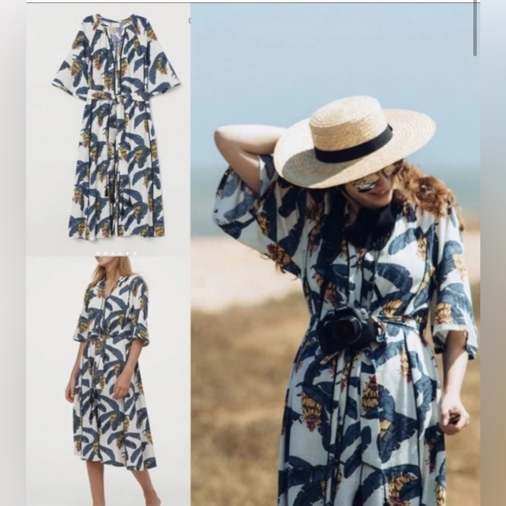 H&M White Midi Dress with Blue and Yellow Tropical Print - Picture 3 of 16